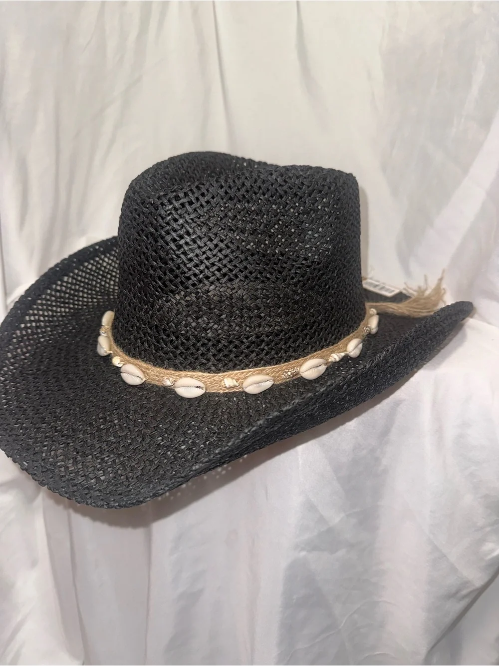 Black Straw Cowboy Hat with Shell Band - Unbranded